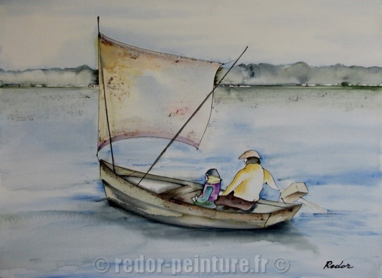 Aquarelle, calligaphie, enfance, avec papy en barque