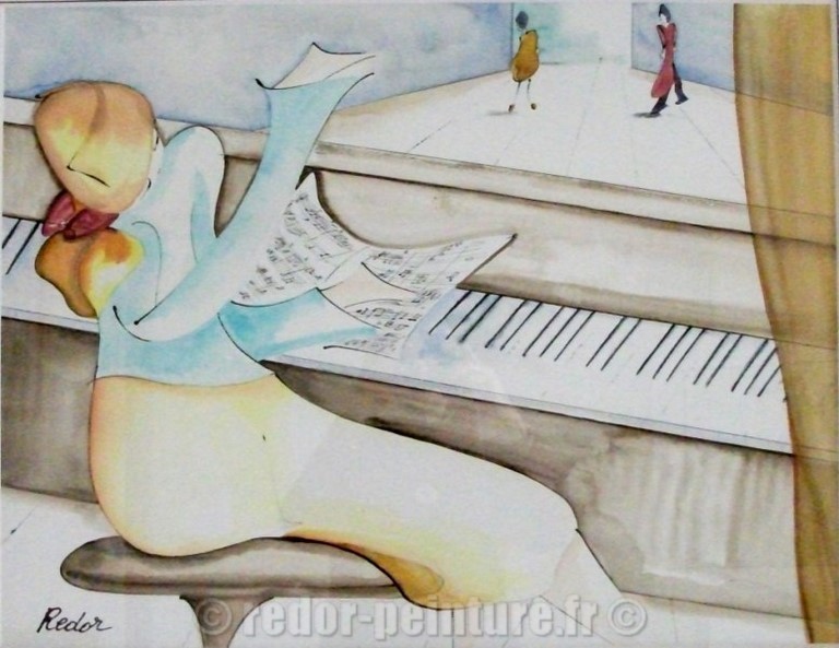 Aquarelle, calligraphie, piano, musicienne