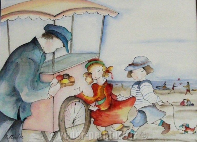 Aquarelle, calligraphie, enfance, plage, marchand de glace