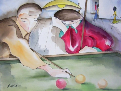 aquarelle calligraphie, billard, couple