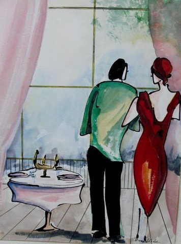 aquarelle. Calligraphie. Couple au Restaurant