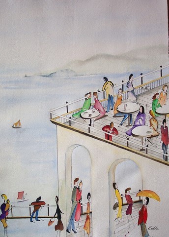 aquarelle. Calligraphie. terrasse Restaurant. Vue sur l'eau