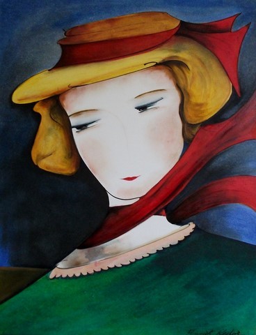 Belle femme blonde et chapeautée dans le vent, un soir