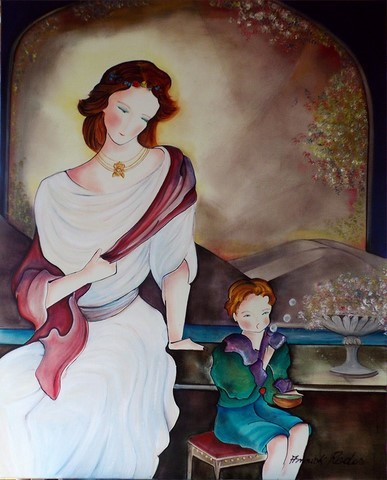 Peinture huile et calligraphie.Huile sur toile, mère et enfant. tendresse