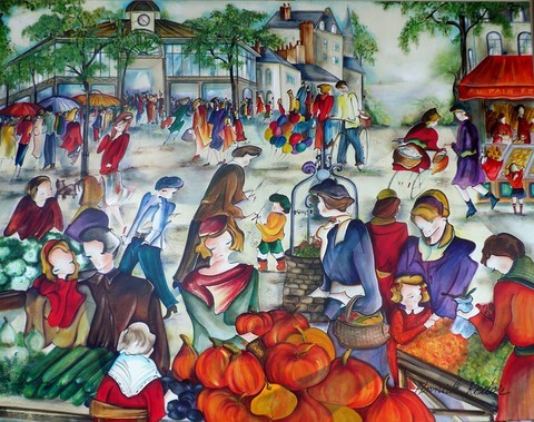 Peinture huile et calligraphie.Marché. Foule. Enfance. Citrouilles