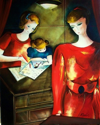 Peinture huile et calligraphie. Mère et enfant. Rouge. Ambiance de soirée