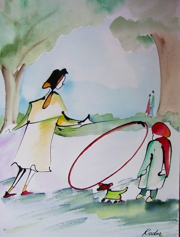 Aquarelle et calligraphie, enfance, le cerceau