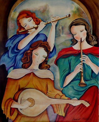 peinture huile, musique, instruments anciens, femmes jouant un madrigal