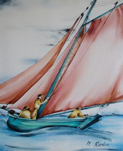 peinture mixte et calligraphie. Marine. Bateau. Voyage en mer